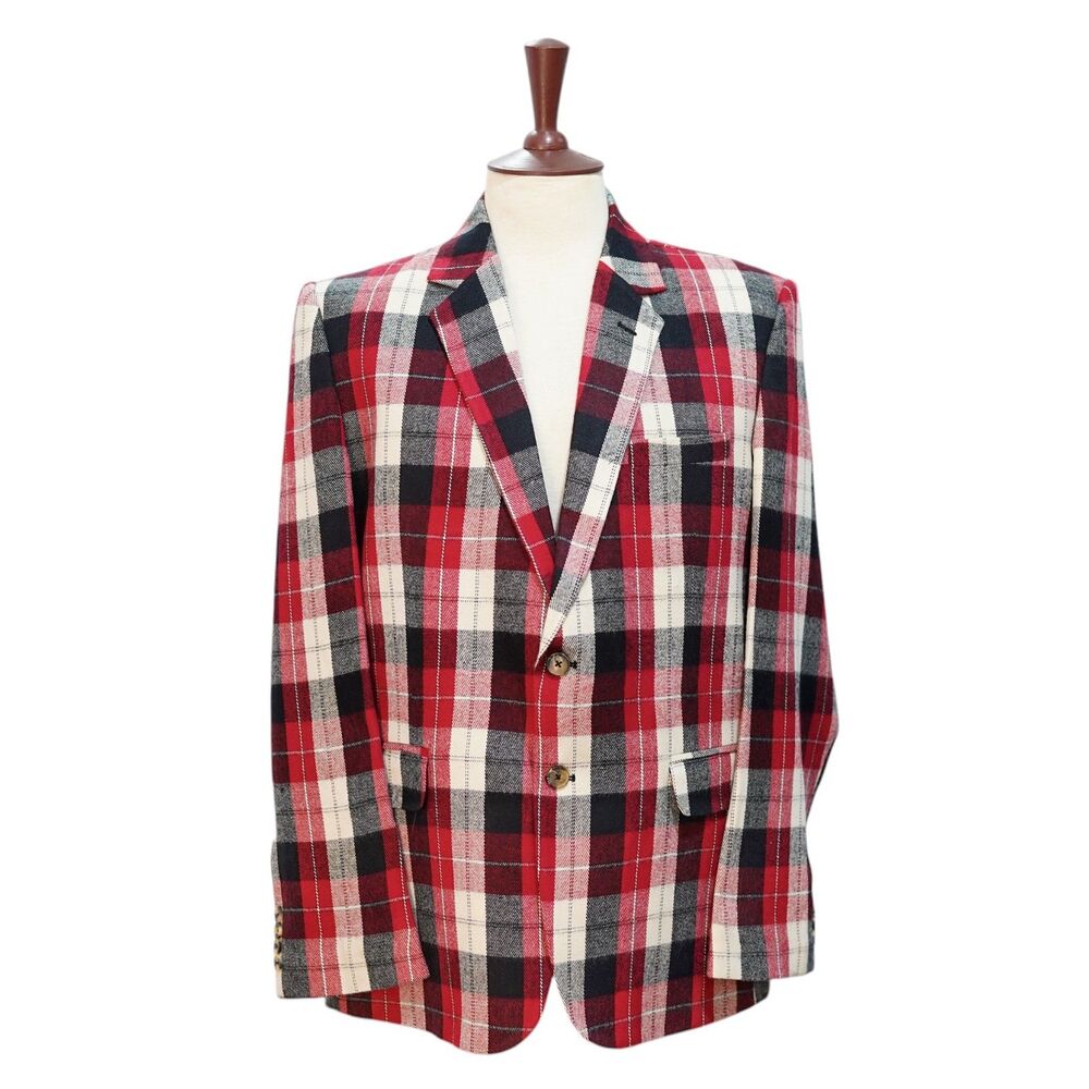 Mens Wool Sport Coat 42L Red Plaid Blazer Black Ivory 2 Button Wedding Preppy